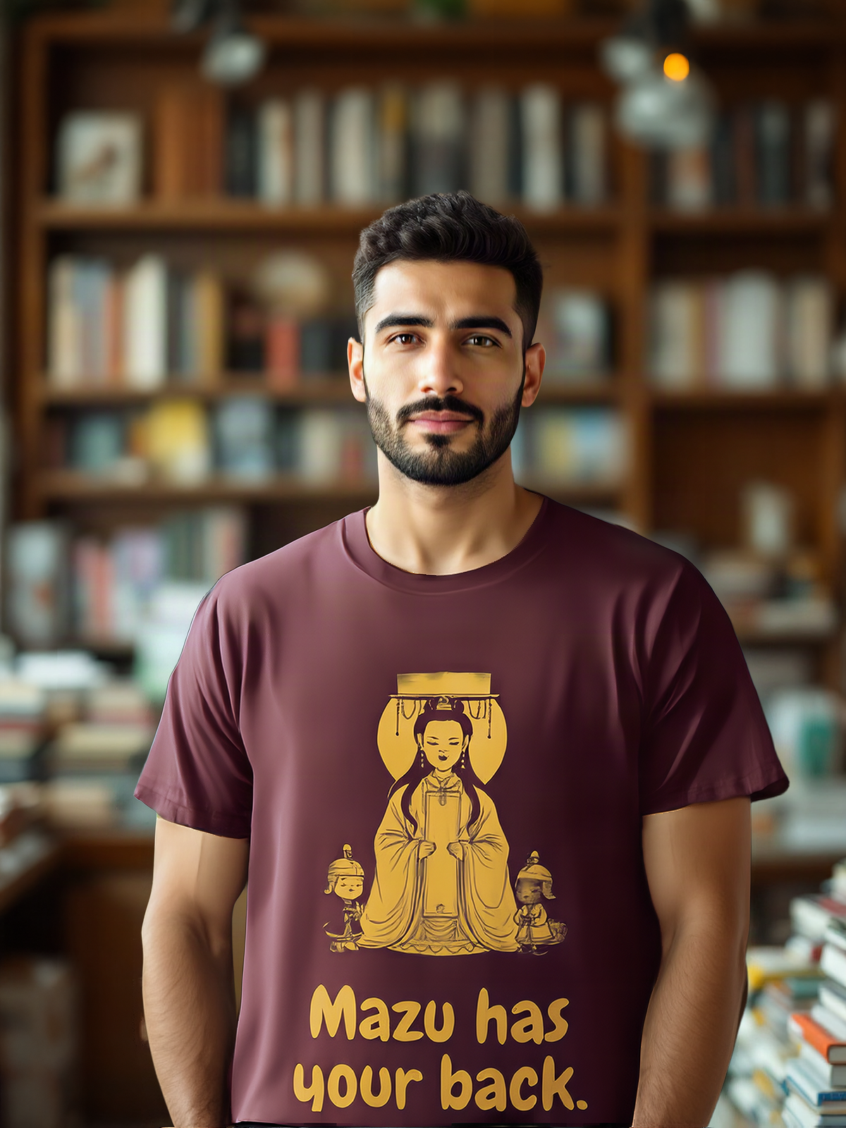 Mockup: AI-generated photo of the design worn by a model. The real shirt is printed to order; colours may vary slightly.