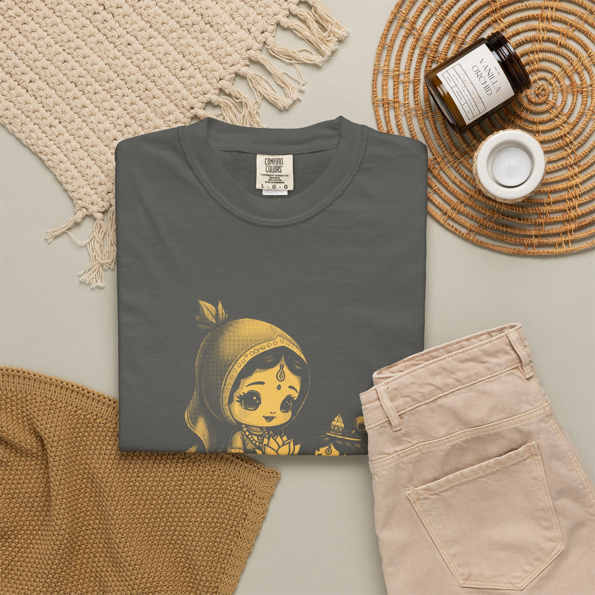 Radha · “Her name comes first.” — Garment-Dyed One-Ink Tee