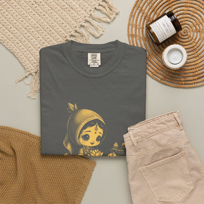 Radha · “Her name comes first.” — Garment-Dyed One-Ink Tee