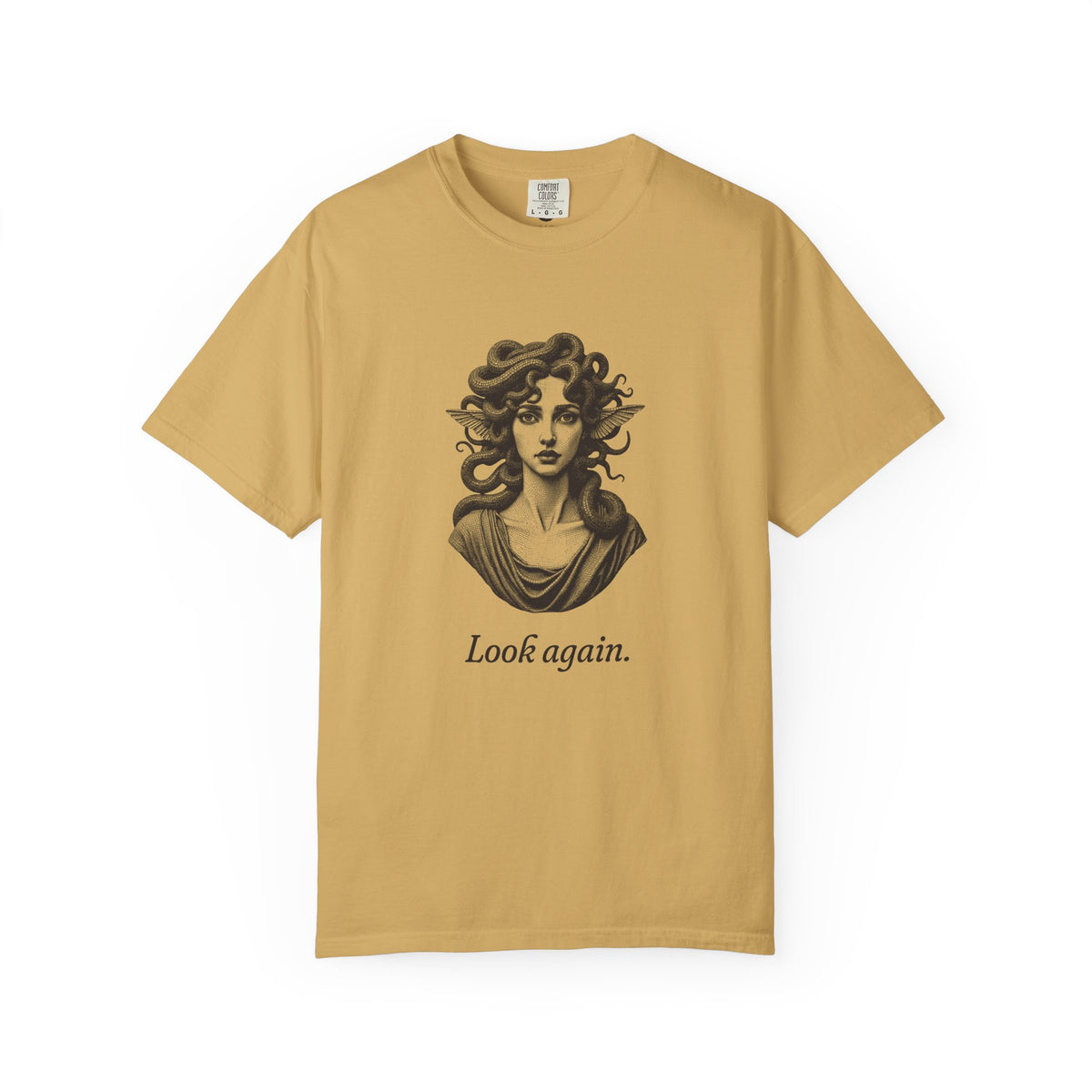 Medusa · “Look again.” — Garment-Dyed One-Ink Tee