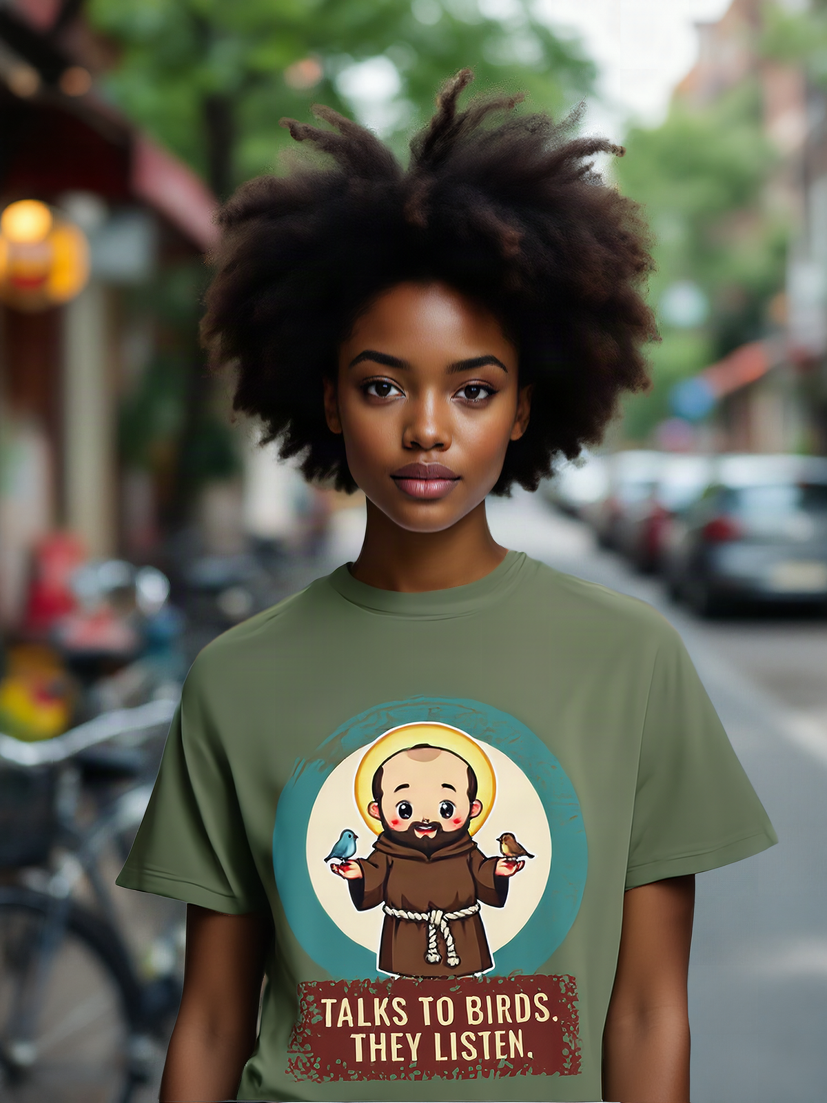 Mockup: AI-generated photo of the design worn by a model. The real shirt is printed to order; colours may vary slightly.