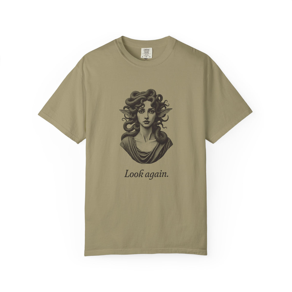Medusa · “Look again.” — Garment-Dyed One-Ink Tee