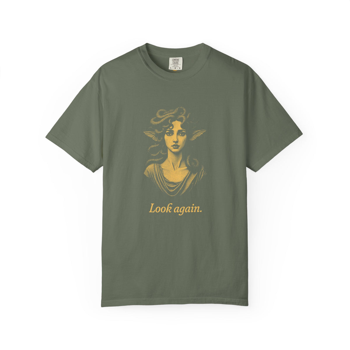 Medusa · “Look again.” — Garment-Dyed One-Ink Tee