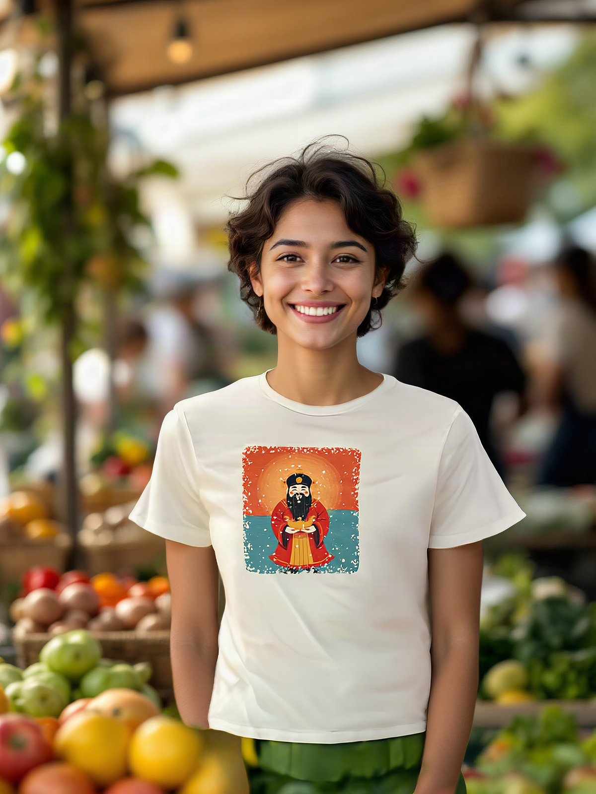 Mockup: AI-generated photo of the design worn by a model. The real shirt is printed to order; colours may vary slightly.