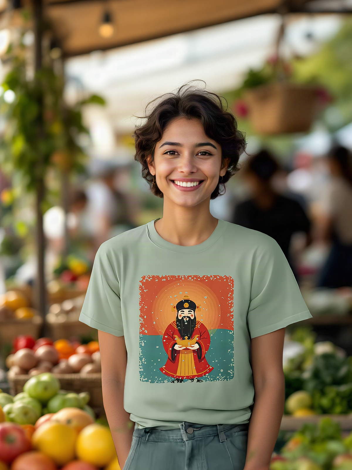 Mockup: AI-generated photo of the design worn by a model. The real shirt is printed to order; colours may vary slightly.