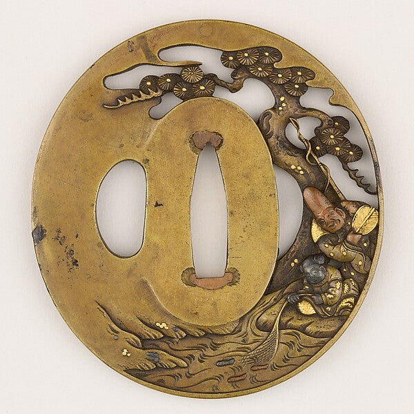 Sword guard (tsuba), Edo period, showing Ebisu fishing beneath a pine tree, in mixed metals.