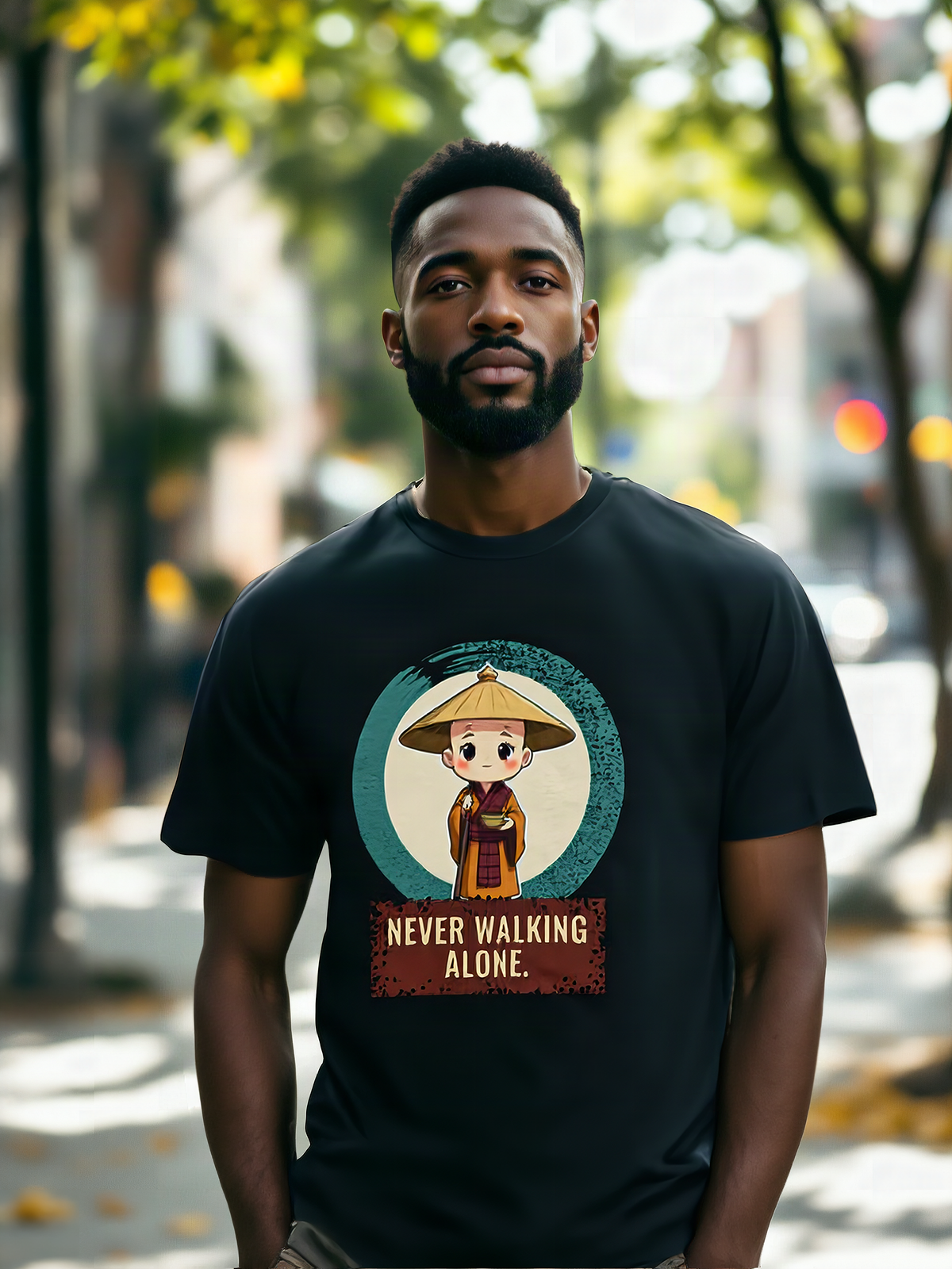 Mockup: AI-generated photo of the design worn by a model. The real shirt is printed to order; colours may vary slightly.