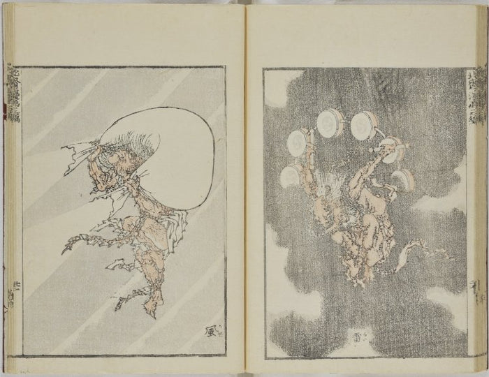 Hokusai Manga vol. 3, 1878: woodblock pages showing Fūjin with his wind bag and Raijin with drums.