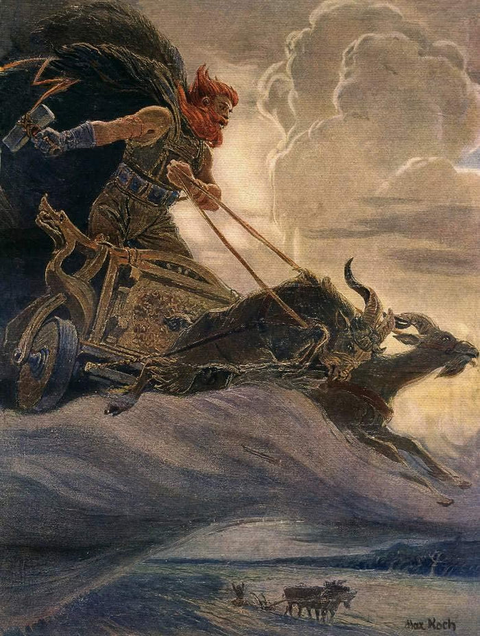 Red-bearded Thor driving his chariot pulled by goats through storm clouds, hammer in hand; published around 1905.