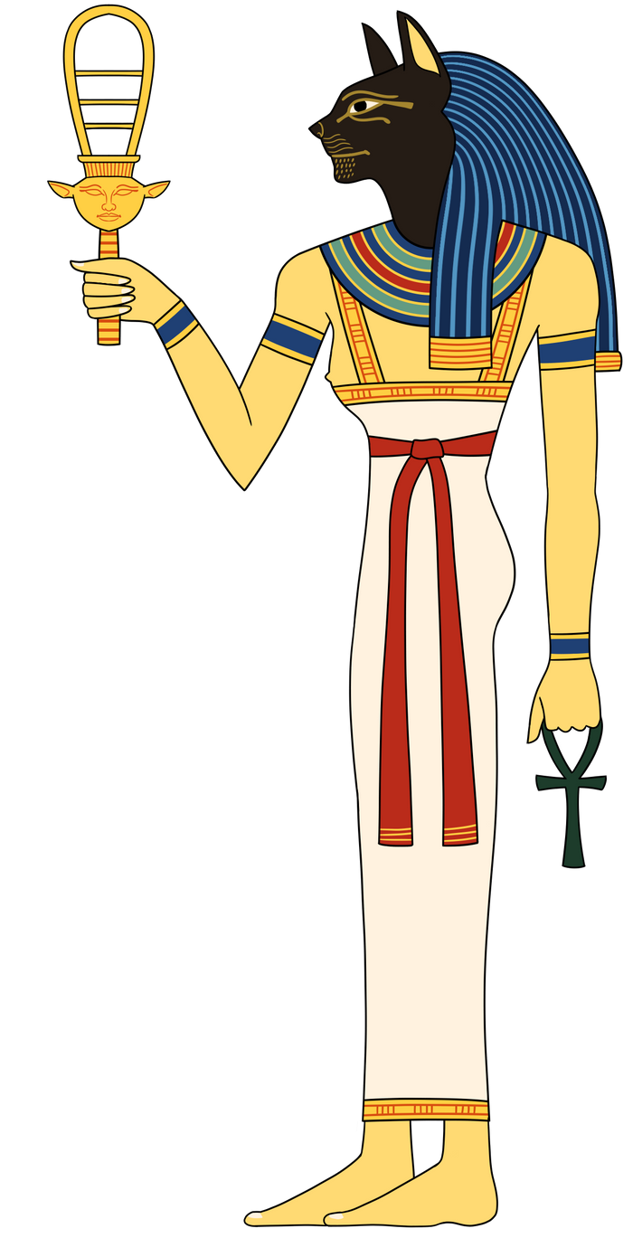 Modern illustration of Bastet as a cat-headed woman holding a sistrum and an ankh.