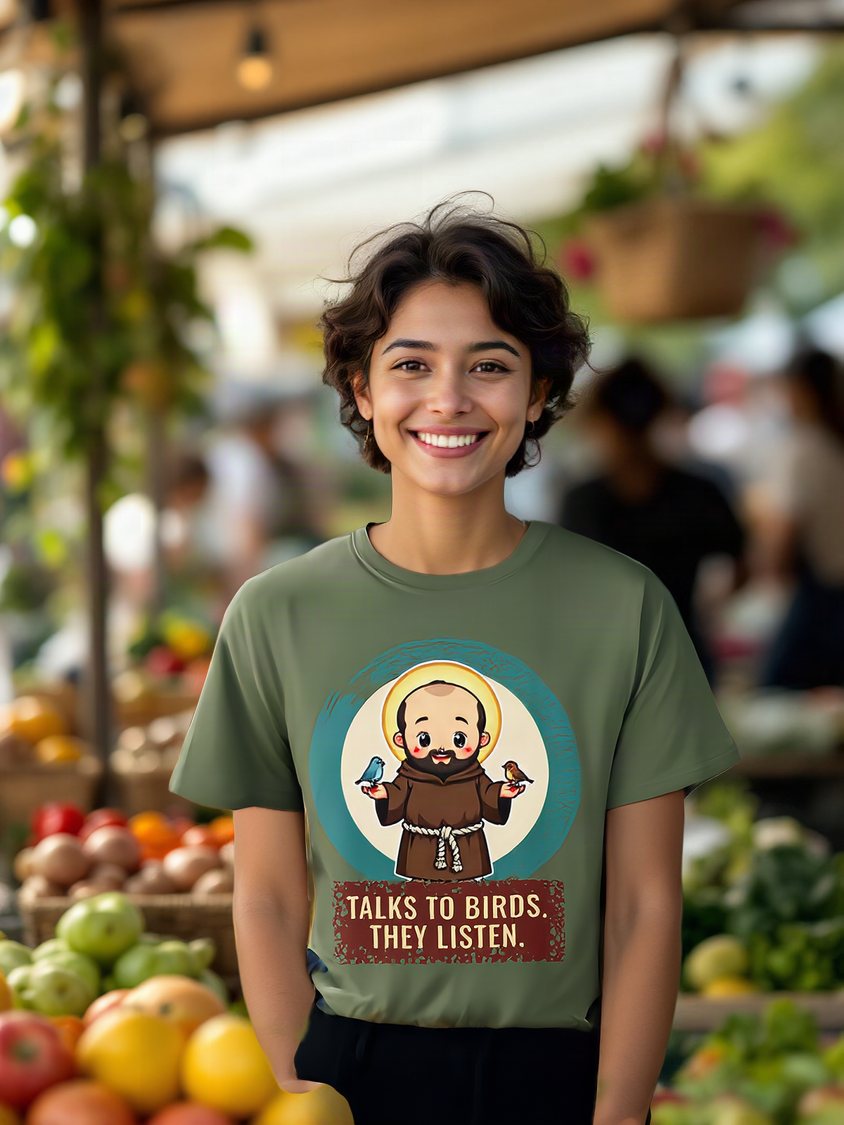 Mockup: AI-generated photo of the design worn by a model. The real shirt is printed to order; colours may vary slightly.