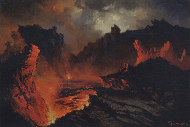Painting of Kilauea by moonlight, with glowing lava and tiny figures on the rim, showing the crater revered as Pele's home.