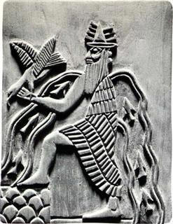 Relief copy of Enki seated with flowing streams, a plant and a horned crown, showing his association with fresh water.