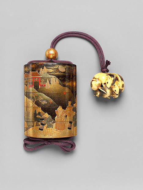 Late 18th–early 19th-century lacquer inrō showing the fox's wedding (kitsune no yomeiri), a procession of foxes in human dress by a shrine.