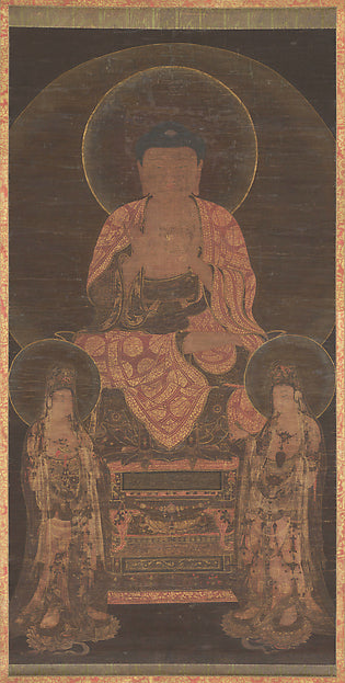 Korean Amitabha triad, 13th century: the Buddha enthroned and flanked by two bodhisattvas, a central Pure Land composition.