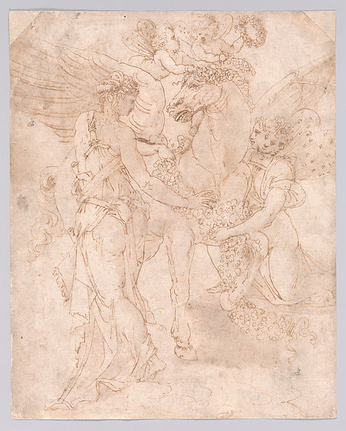 Italian drawing 'Diana and Hecate' with a horse and winged attendants, showing Renaissance pairing of the two goddesses.