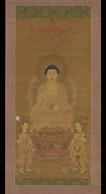 Japanese hanging scroll, 17th–18th century, of Yakushi Nyorai holding a medicine vessel, flanked by two attendant bodhisattvas.