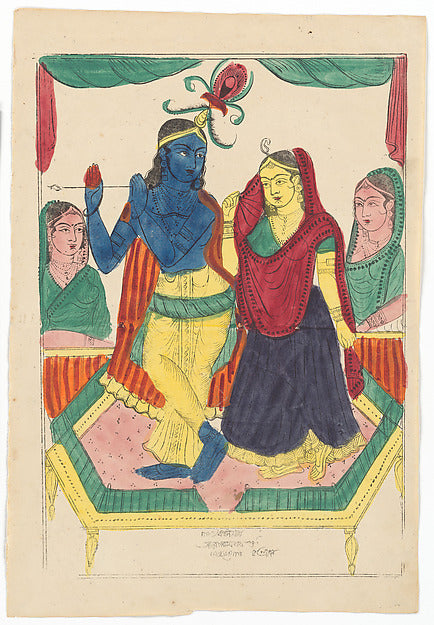 Krishna and Radha, Kalighat, Calcutta, 1856: Krishna plays the flute beside Radha, with female companions on either side.
