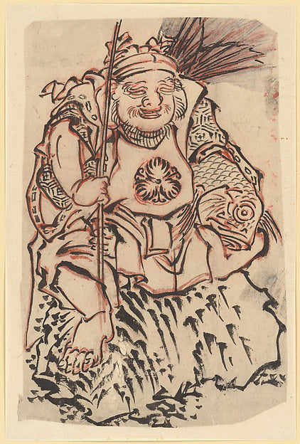 Ebisu with fishing rod and large sea bream, seated on a rock; Japanese print, 18th–19th century.