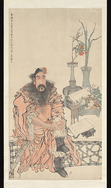 Zhong Kui painted in 1883, China: bearded and robed, seated beside vases and offerings, a favoured Qing-era subject.