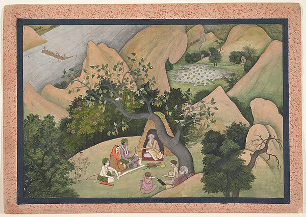 Rama, Sita and Lakshmana visit the sage Bharadvaja's hermitage during exile; Kangra Ramayana folio, c. 1780.