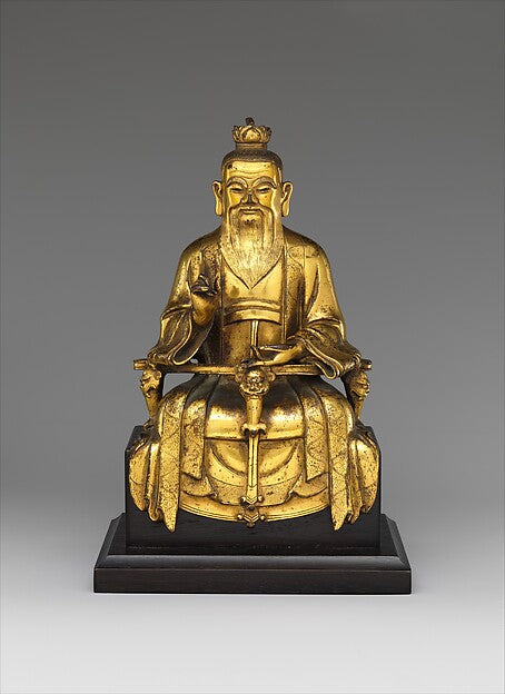 Gilt-bronze Daoist immortal Laozi dated 1438, seated and crowned, showing his deified, devotional form in Ming China.