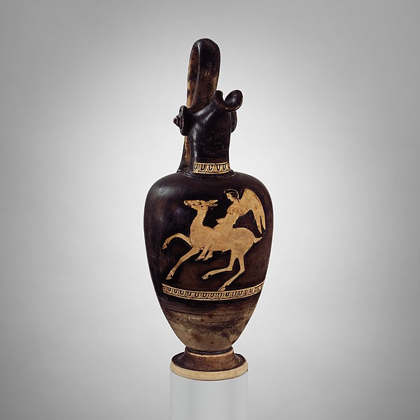 Attic oinochoe, about 420 BCE, showing winged Eros riding a deer, a common vase-painting motif.