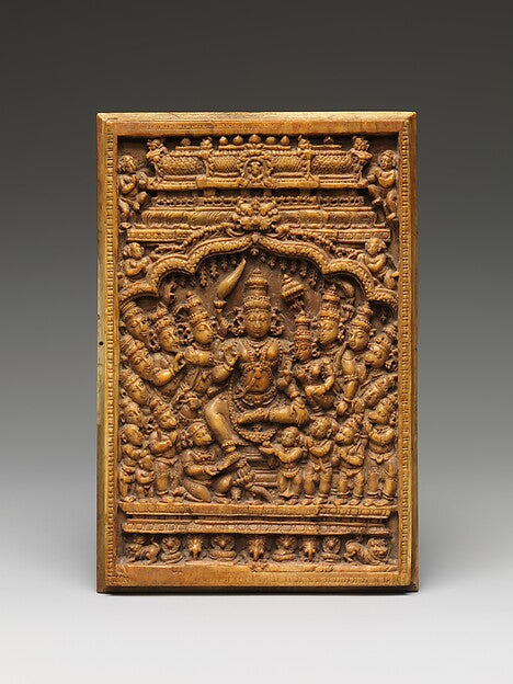 Carved relief of Rama, Sita and Lakshmana honoured by sages, Hanuman and his army; Tamil Nadu, 17th–18th century.