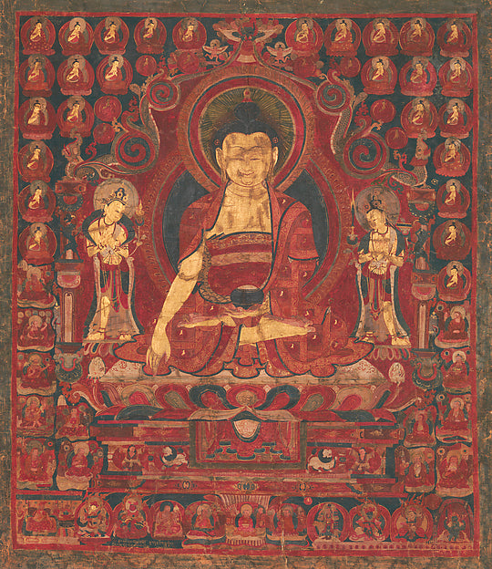 Buddha Shakyamuni as "Lord of the Munis", mid-17th century Guge, Western Tibet, flanked by bodhisattvas and surrounded by smaller figures.