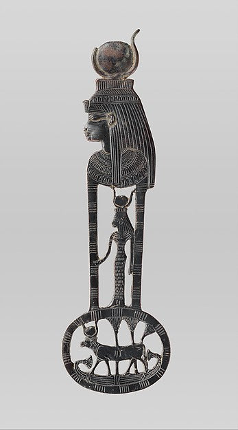 Menat counterpoise with Hathor as a woman and as a cow, about 1386–1347 BCE; the menat was her sacred object.