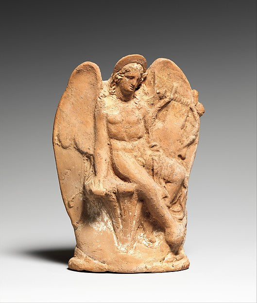 Winged Eros seated with a bow, terracotta, first half of the 4th century BCE, probably Attic.