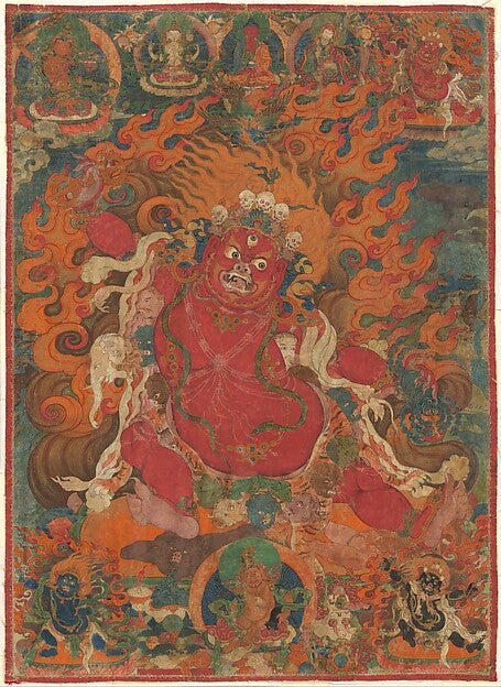 18th-century Tibetan thangka of Guru Dragpo, Padmasambhava's fierce emanation, surrounded by flames and attendant deities.