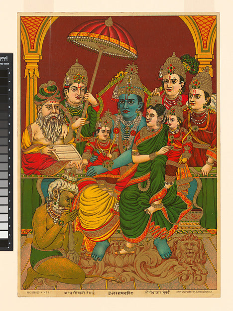 Rama enthroned with Sita, their sons, brothers and Hanuman: the royal assembly, c. 1910 print, Maharashtra.