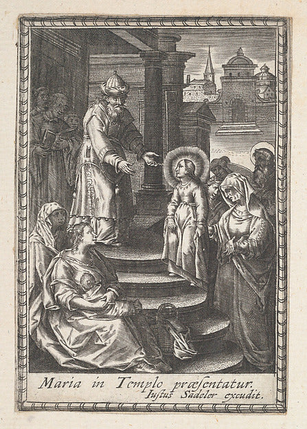 Engraving of the Presentation of the Virgin Mary, 1590–ca. 1620: haloed child Mary on the temple steps.