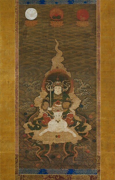 14th-century Japanese hanging scroll of Dakini (Dakiniten) seated on a white fox, the Buddhist form linked with Inari.