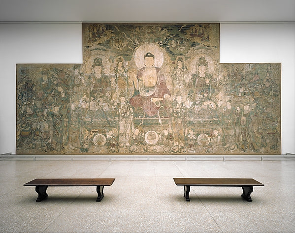 Buddha of Medicine Bhaishajyaguru (Yaoshi fo), Chinese mural, ca. 1319, shown enthroned amid attending bodhisattvas and guardians.