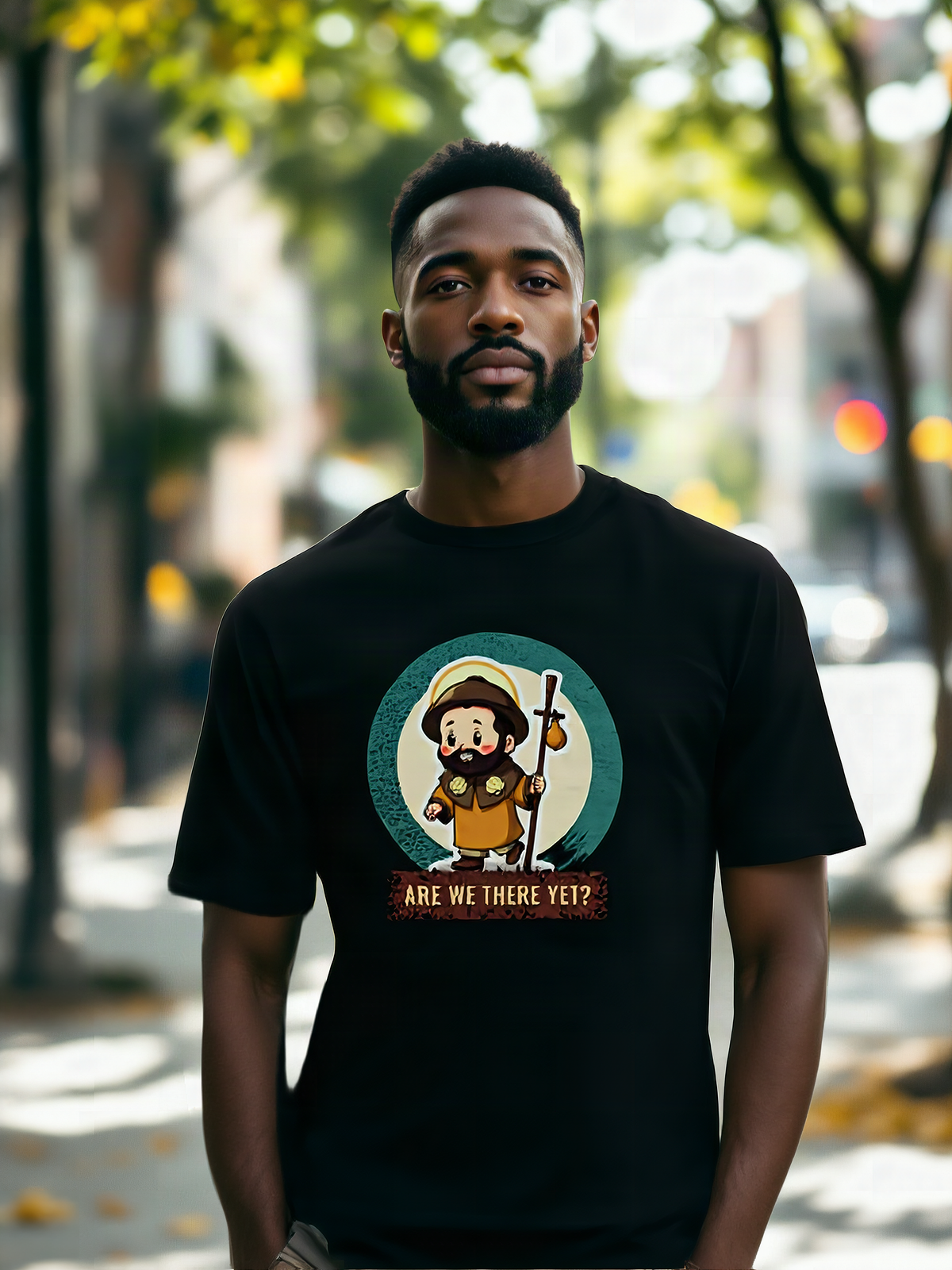 Mockup: AI-generated photo of the design worn by a model. The real shirt is printed to order; colours may vary slightly.
