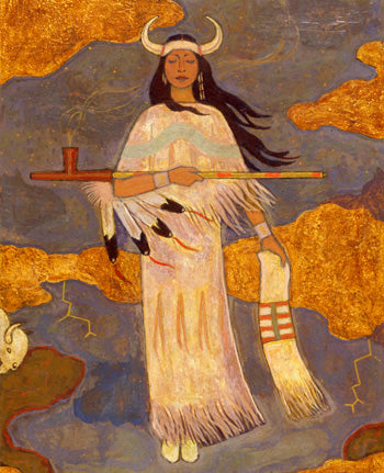 Frithjof Schuon's 1959 painting 'Apparition of the Buffalo Calf Maiden' (detail) shows her holding the sacred pipe, with buffalo horns and feathers.