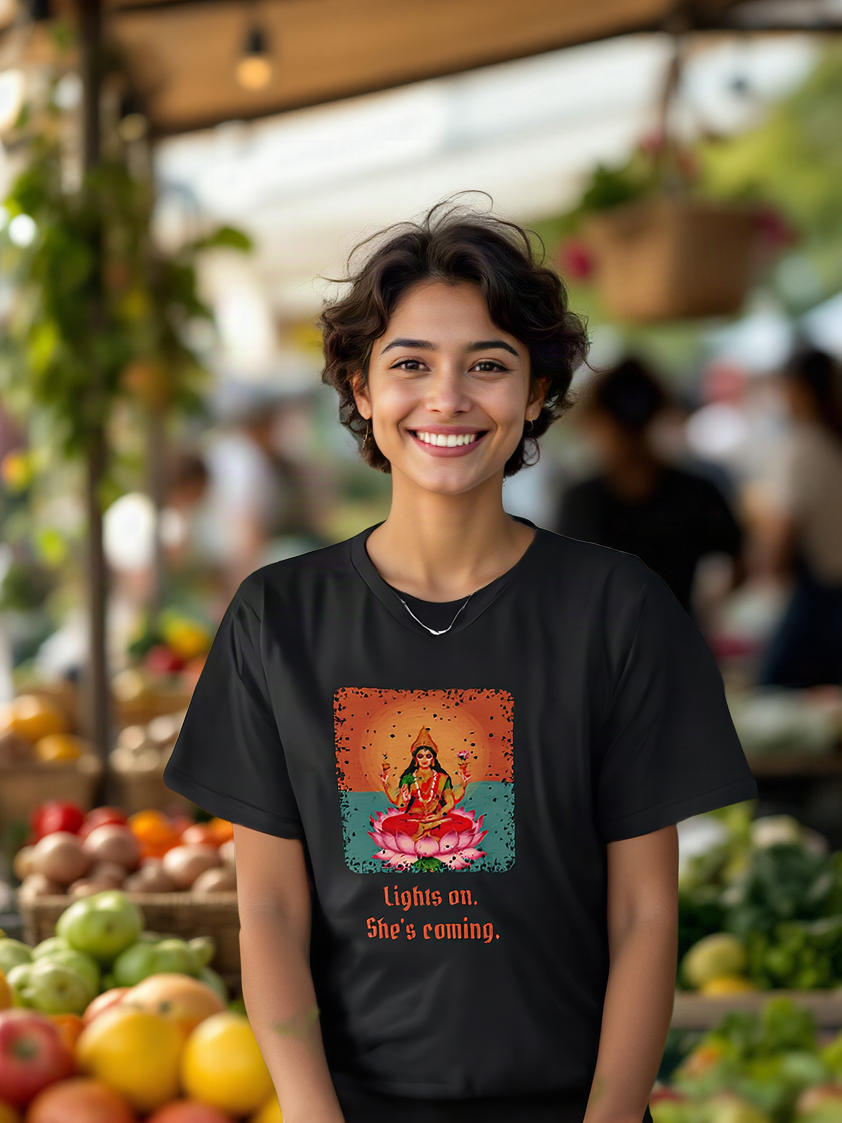 Mockup: AI-generated photo of the design worn by a model. The real shirt is printed to order; colours may vary slightly.