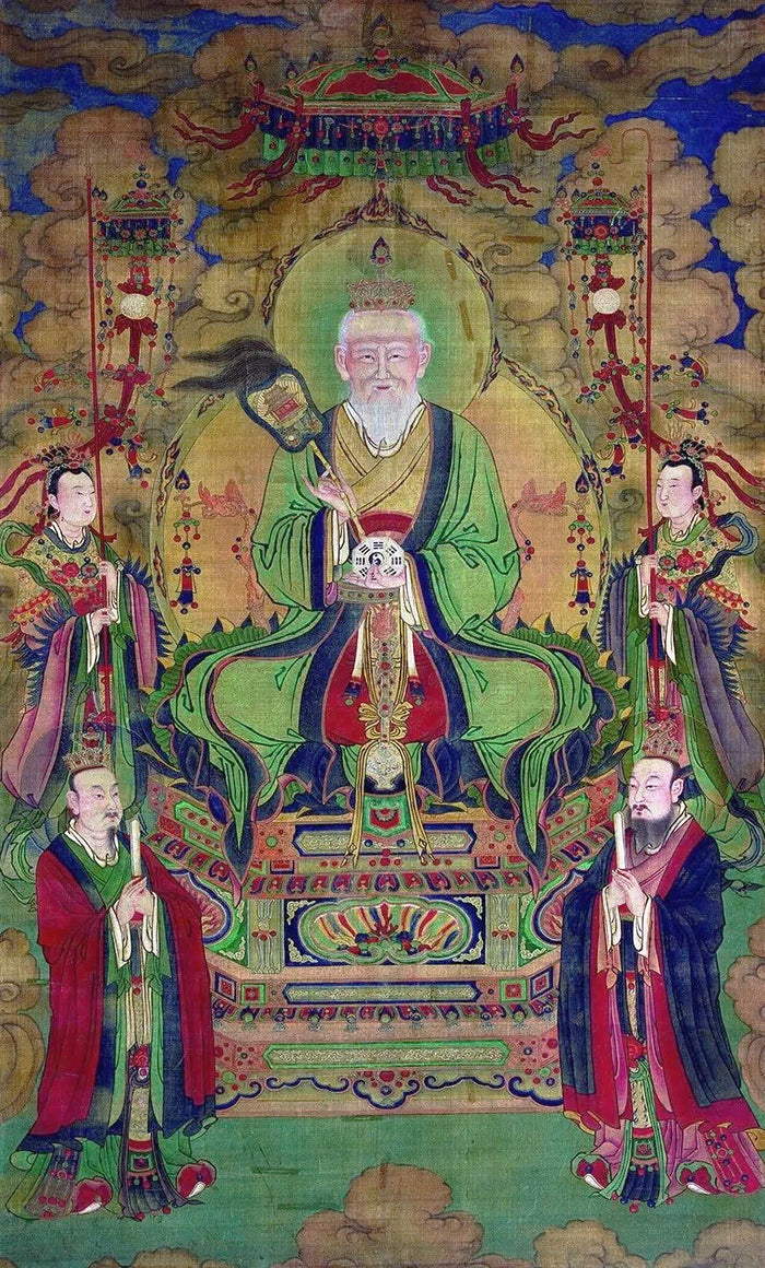 Qing-dynasty painting of Daode Tianzun among the Three Pure Ones, enthroned with a fly-whisk and a taiji emblem, flanked by attendants.