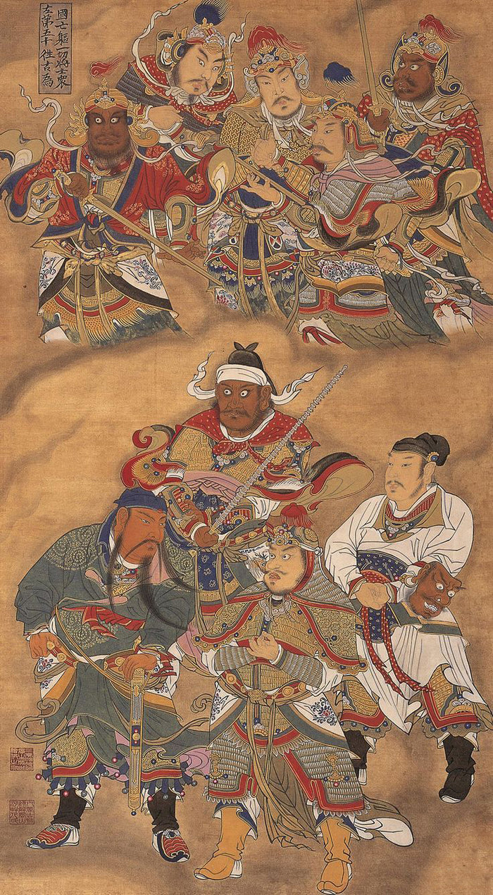 Ming dynasty painting of armored guardian generals; the green-robed, long-bearded figure at lower left is the usual image of Guan Yu.