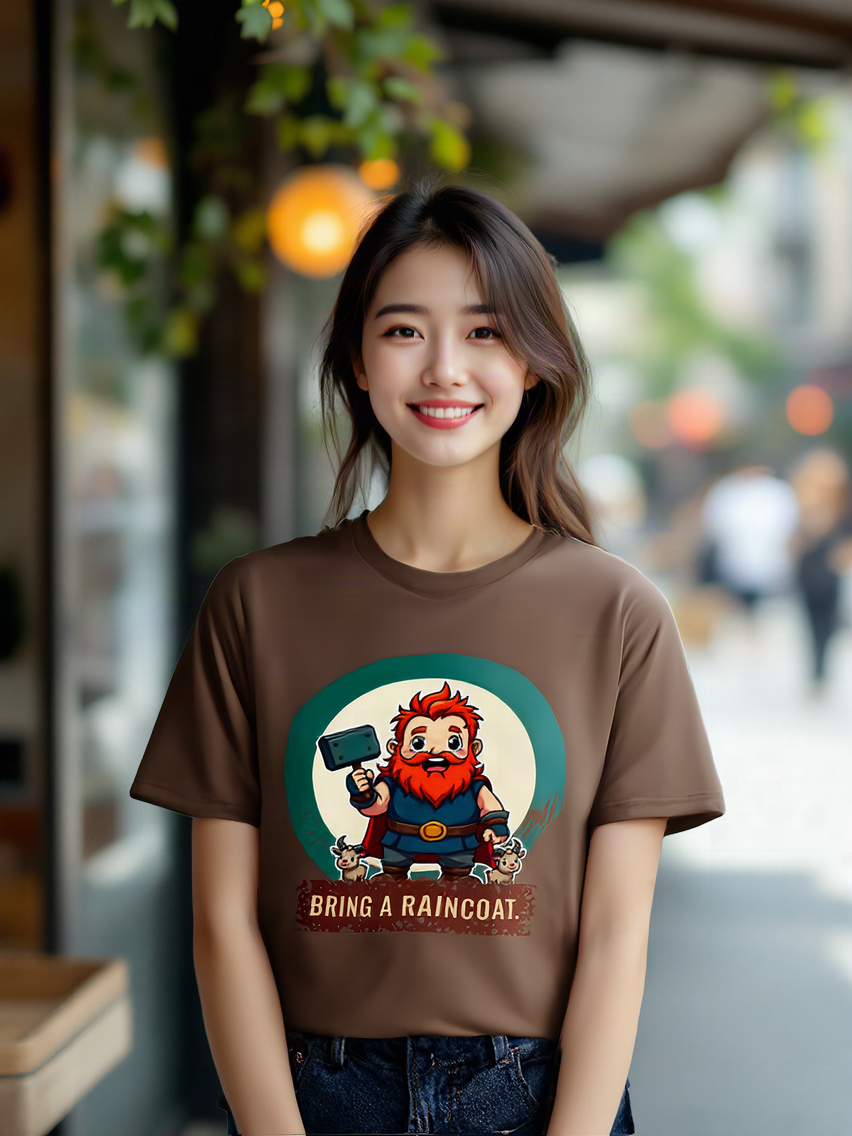 Mockup: AI-generated photo of the design worn by a model. The real shirt is printed to order; colours may vary slightly.
