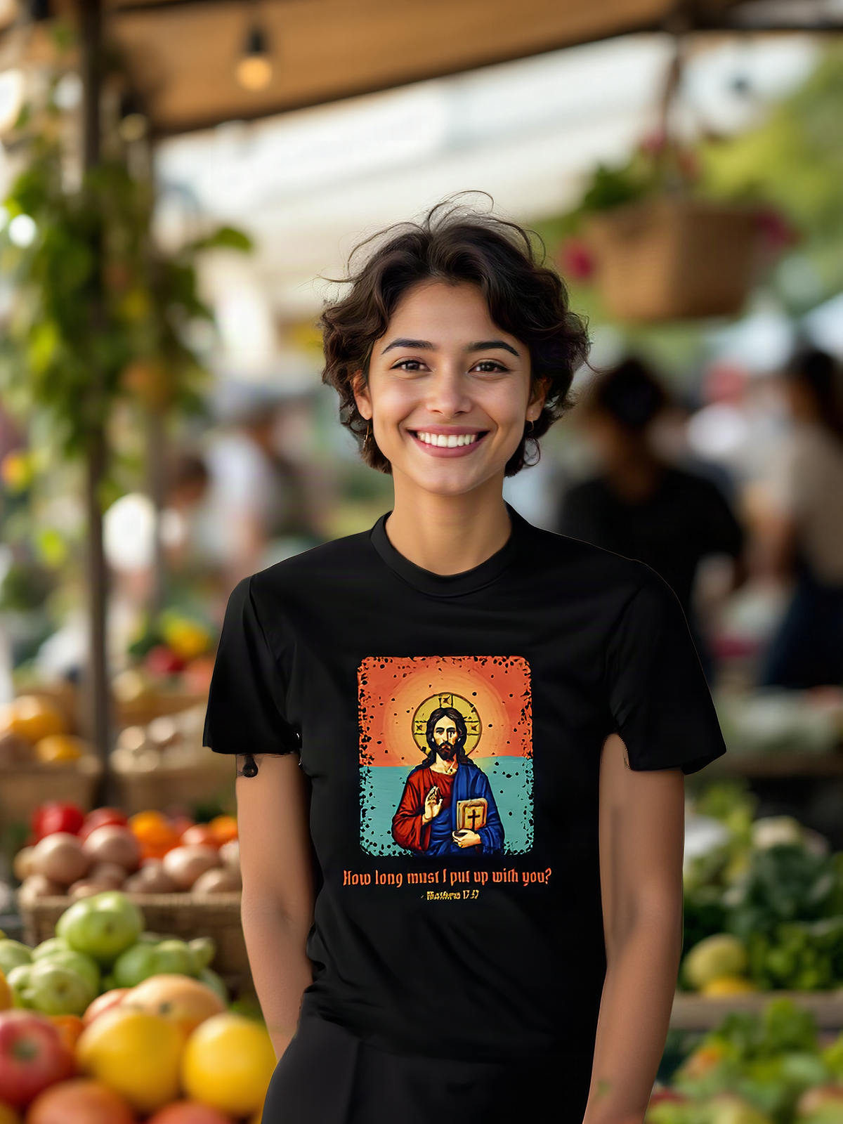 Mockup: AI-generated photo of the design worn by a model. The real shirt is printed to order; colours may vary slightly.