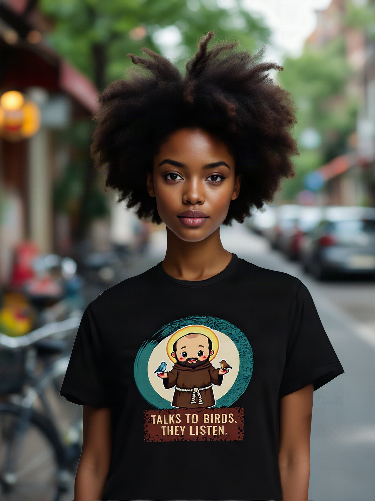 Mockup: AI-generated photo of the design worn by a model. The real shirt is printed to order; colours may vary slightly.