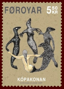 Faroese 2007 'Kópakonan' stamp: seal-people and a woman joined in a ring dance, recalling the seal-folk dancing tale.