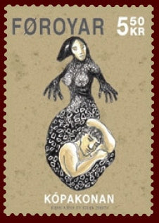 Faroese 2007 'Kópakonan' stamp: a seal-skinned figure above a human woman, showing the dual seal-and-woman nature.