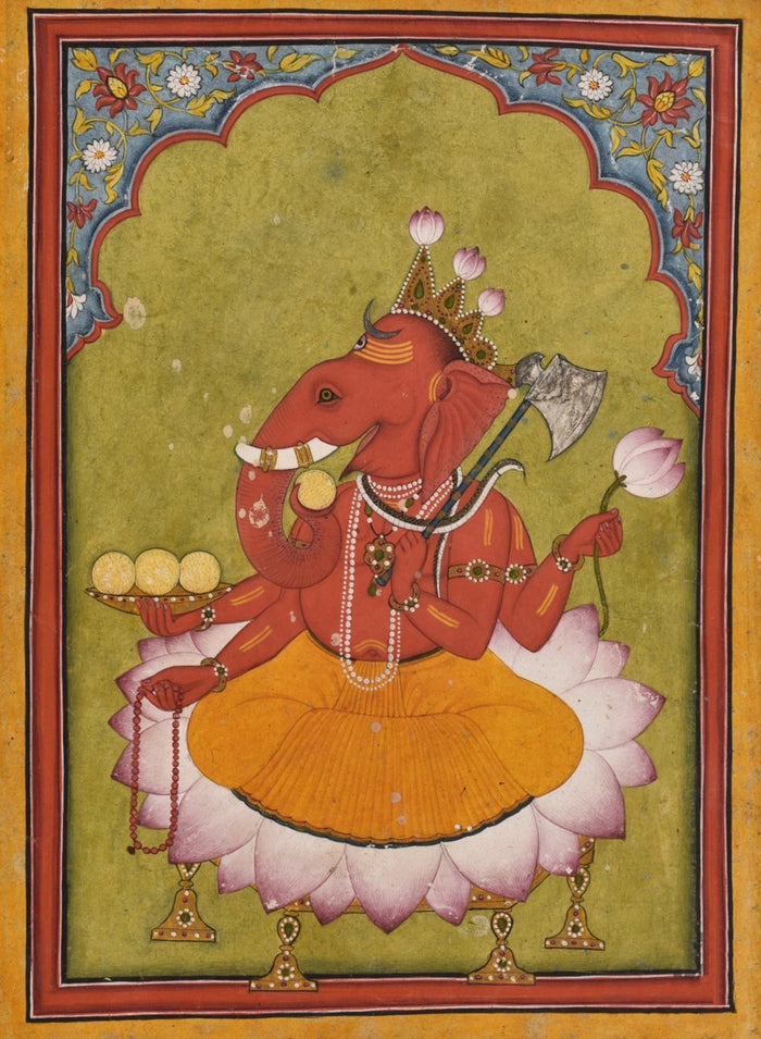 Painting dated 1746: four-armed Ganesha on a lotus with axe, lotus, rosary and sweets (modaka).
