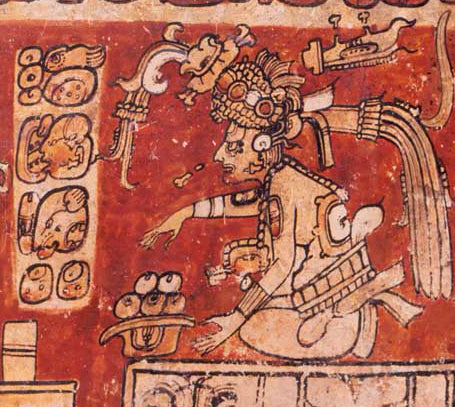 God D Itzamna from a Classic-period Maya painted scene, shown seated with elaborate headdress, glyph captions and offering.