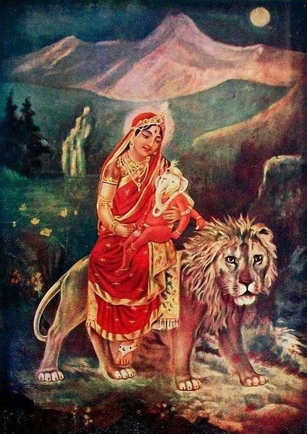 Pārvatī holding her son Gaṇeśa while seated on a lion, her mount, in a 1940s–50s print. Shows her as mother.