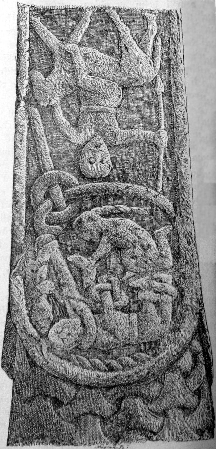 Gosforth Cross panel, in a 1913 reproduction: bound Loki and Sigyn, a rare medieval image of his punishment.